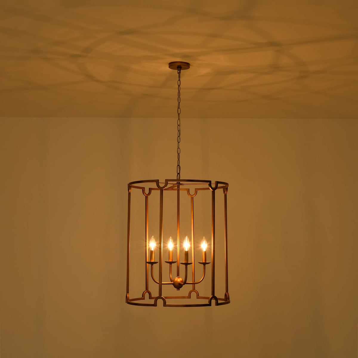 French Country Distressed Gold Candle Style Cylinder Lantern Chandelier