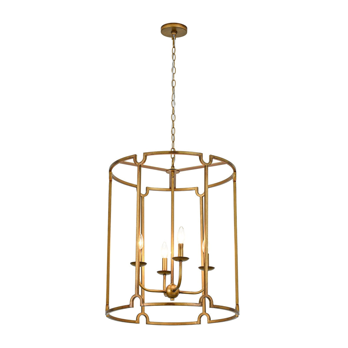 French Country Distressed Gold Candle Style Cylinder Lantern Chandelier