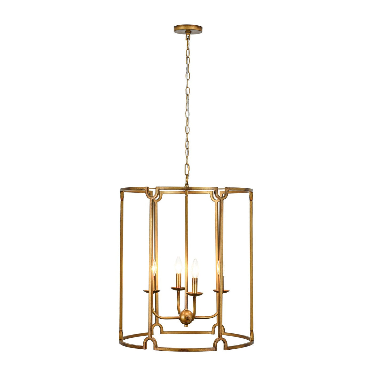 French Country Distressed Gold Candle Style Cylinder Lantern Chandelier