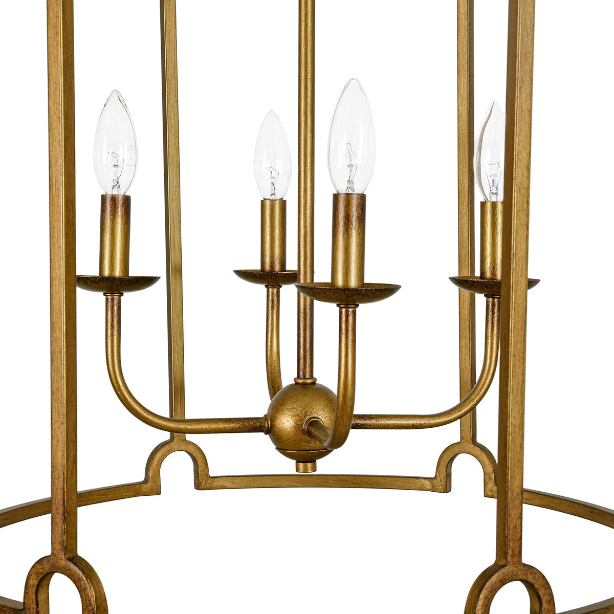 French Country Distressed Gold Candle Style Cylinder Lantern Chandelier