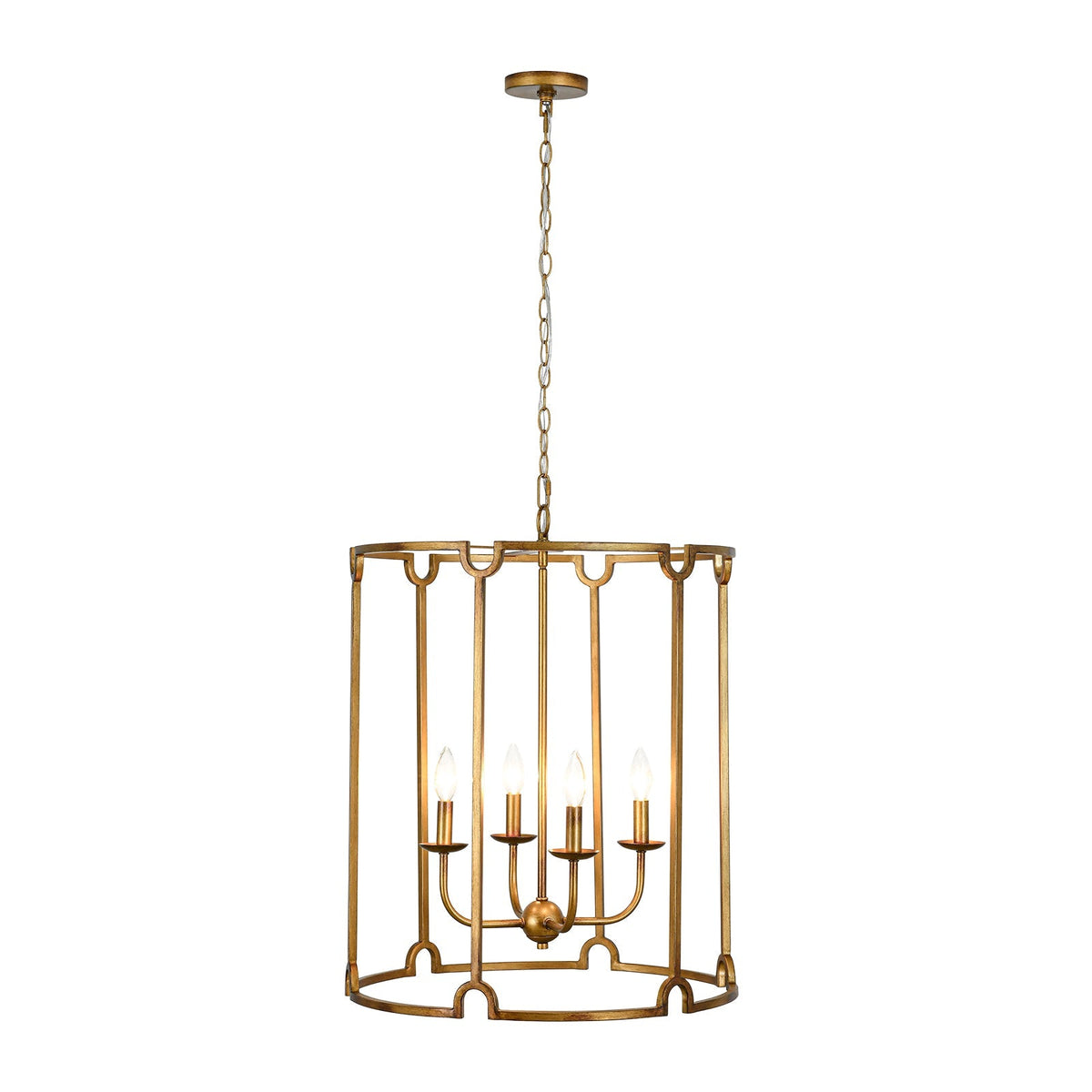 French Country Distressed Gold Candle Style Cylinder Lantern Chandelier