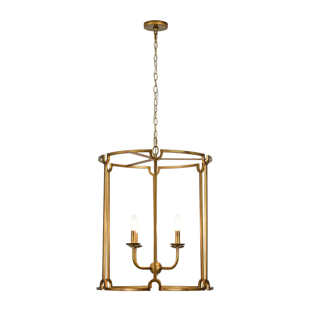 French Country Distressed Gold Candle Style Cylinder Lantern Chandelier
