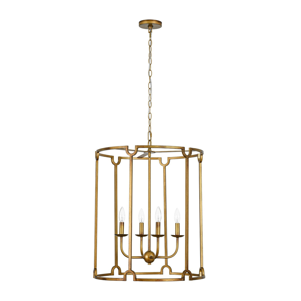 French Country Distressed Gold Candle Style Cylinder Lantern Chandelier