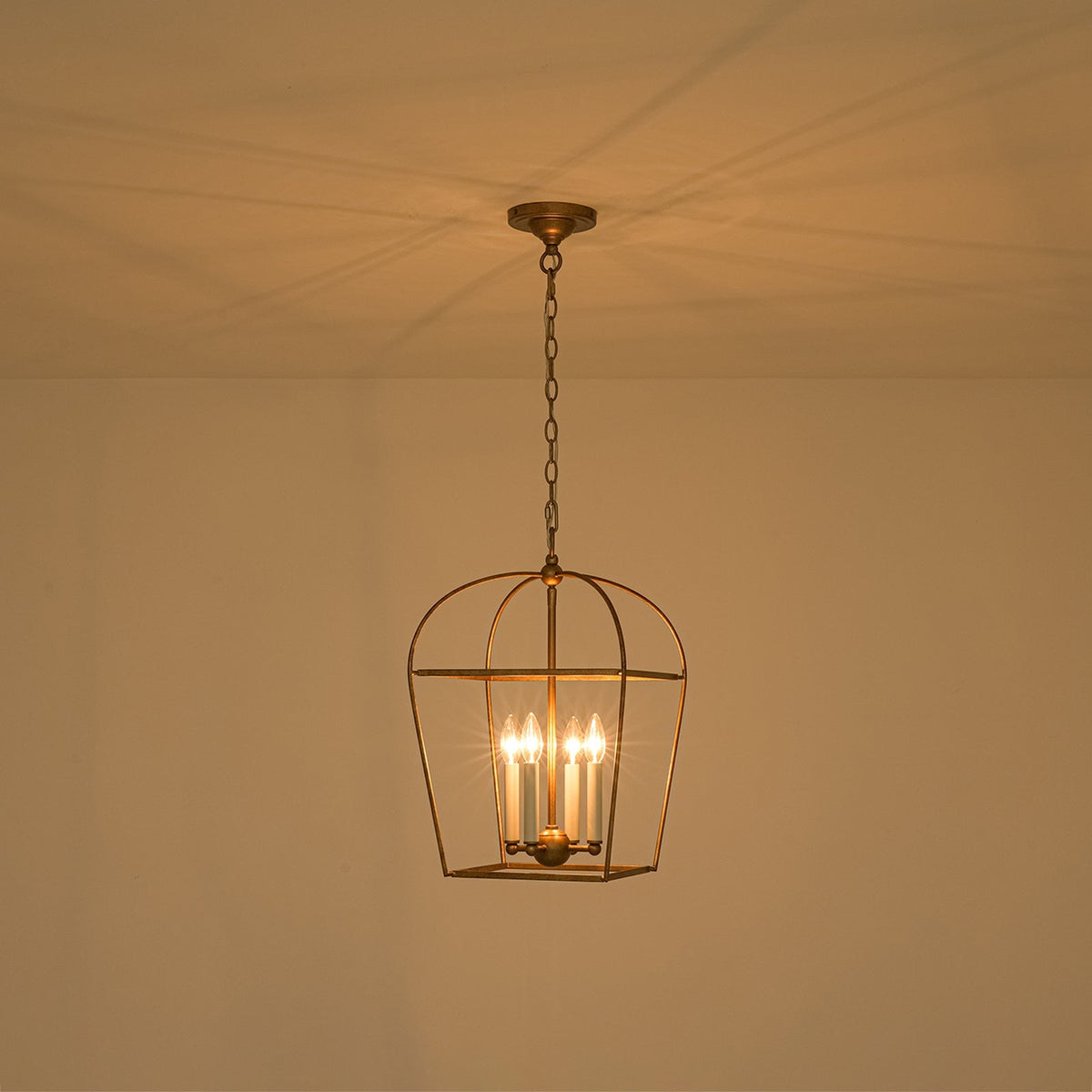 French Distressed Gold Candle Arch Square Lantern Chandelier