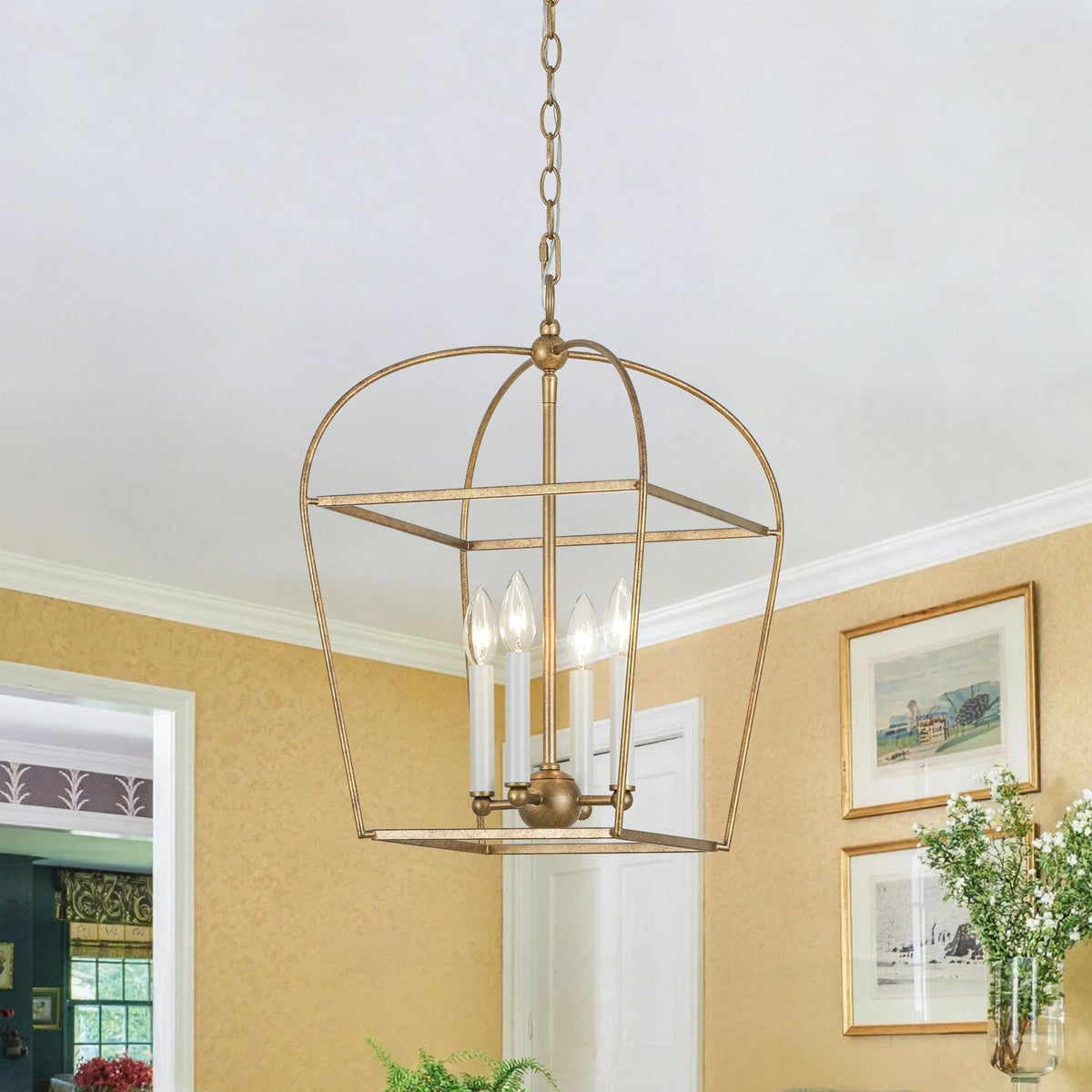 French Distressed Gold Candle Arch Square Lantern Chandelier