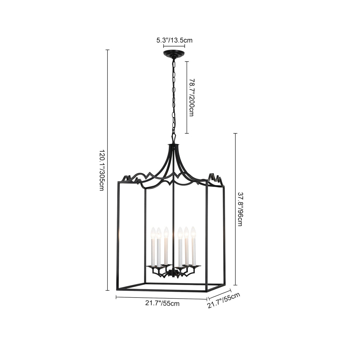 21.7“ French Manor Black Candle Square Lantern Entry Chandelier
