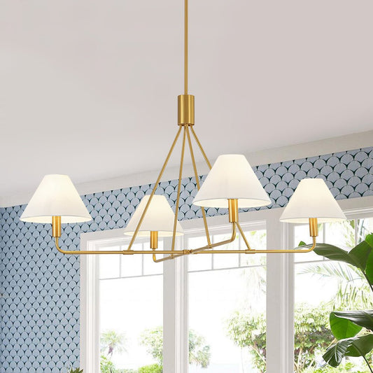 French Luxe Brass 4-Light White Linen Shade Candle Chandelier