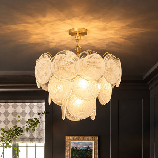 Glam Brass Opal Swirl Glass Round Tiered Chandelier