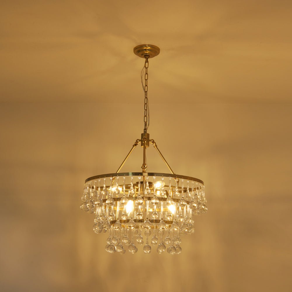 Glam Luxe Brass Tiered Crystal Raindrop Round Chandelier