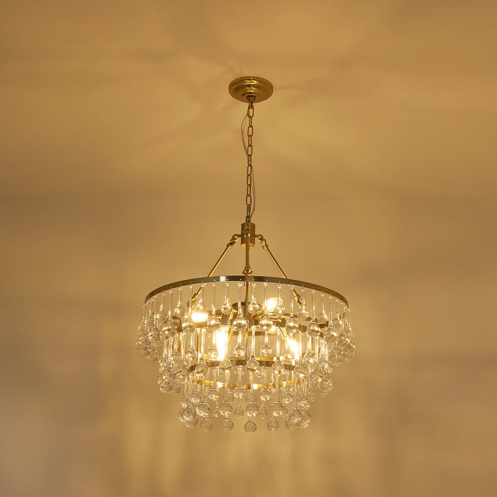 Glam Luxe Brass Tiered Crystal Raindrop Round Chandelier