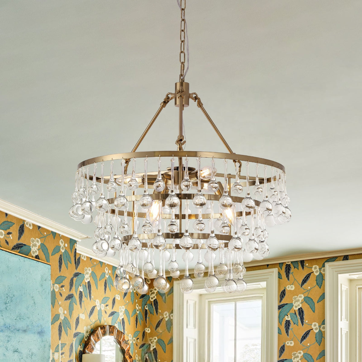 Glam Luxe Brass Tiered Crystal Raindrop Round Chandelier