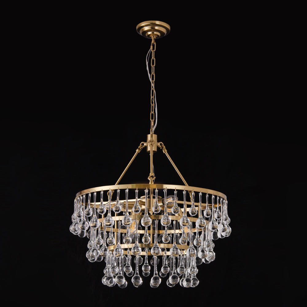 Glam Luxe Brass Tiered Crystal Raindrop Round Chandelier