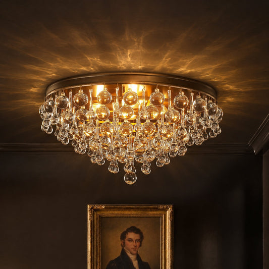 Glam Tiered Cascaded Crystal Raindrop Round Semi Flush Mount