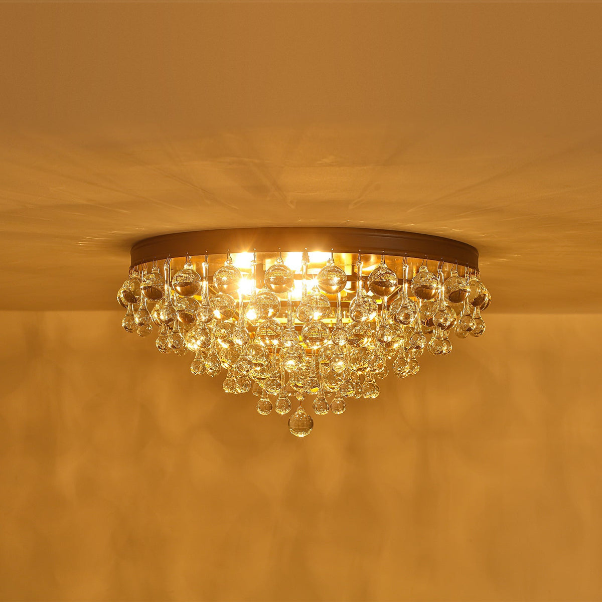 Glam Tiered Cascaded Crystal Raindrop Round Semi Flush Mount