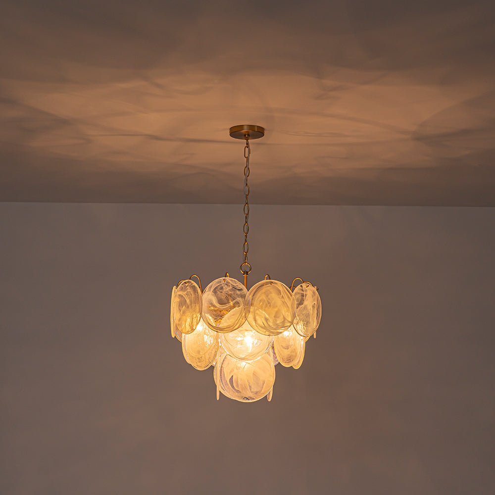 Glam White Iridescent Swirl Glass Round Tiered Chandelier