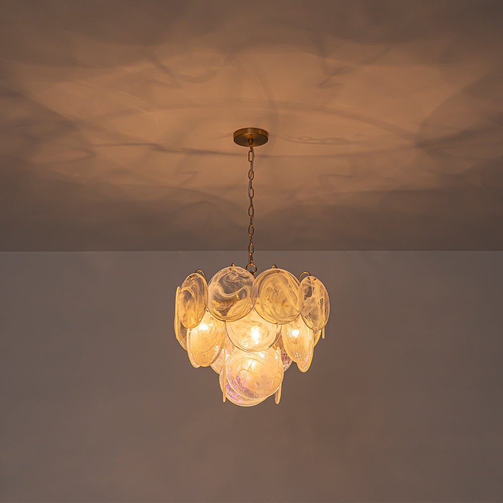 Glam White Iridescent Swirl Glass Round Tiered Chandelier