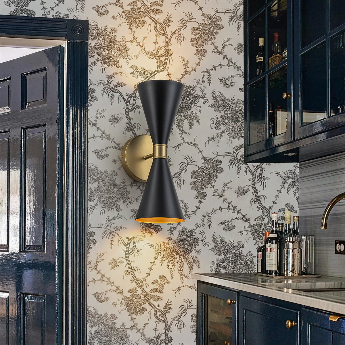 Modern 2-Light Black Brass Metal Hourglass Vanity Wall Sconce