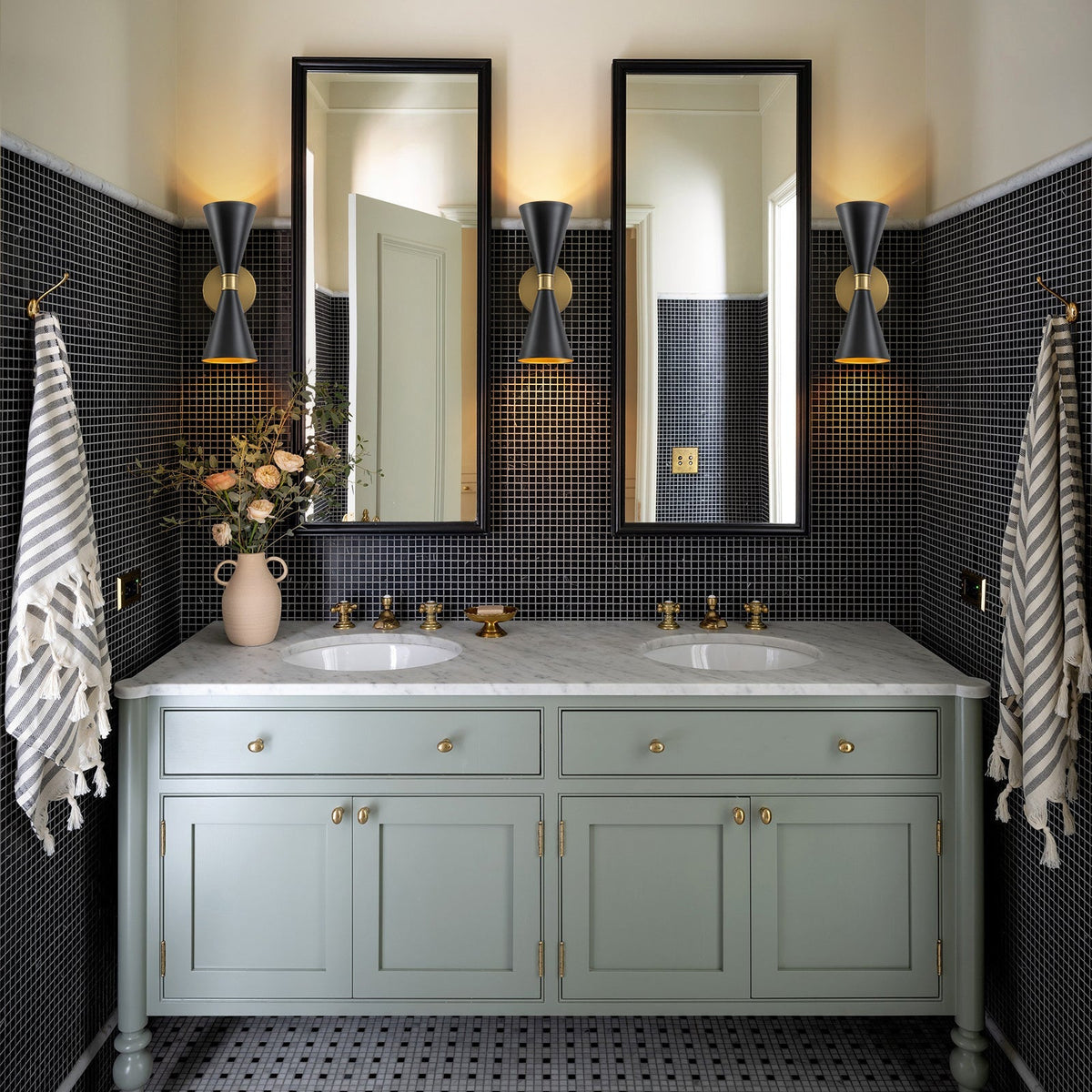 Modern 2-Light Black Brass Metal Hourglass Vanity Wall Sconce
