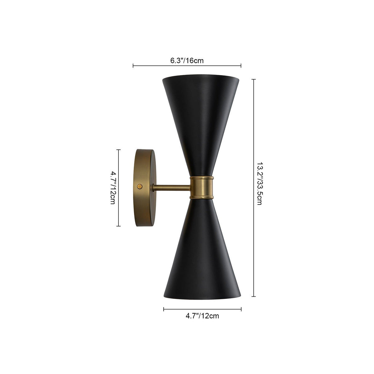 Modern 2-Light Black Brass Metal Hourglass Vanity Wall Sconce
