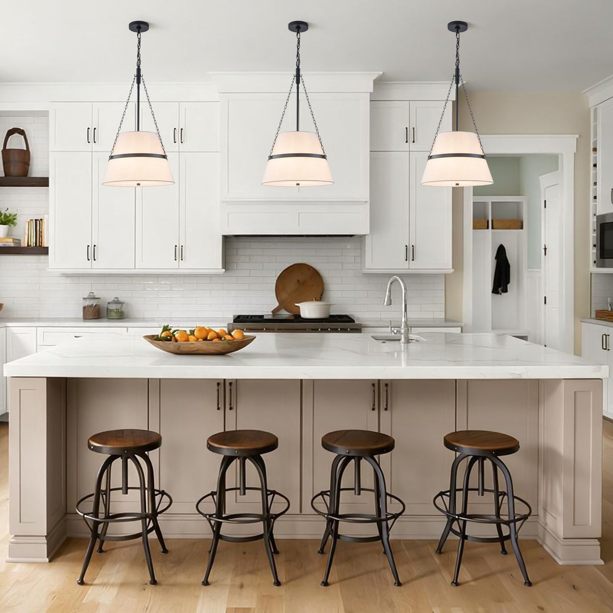 Modern White Fabric Conical Drum Cage Pendant Light