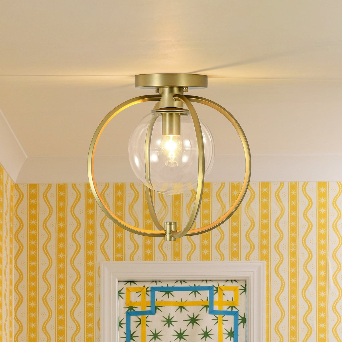 Orrery Brass Layered Ring 1-Light Glass Globe Semi Flush Mount
