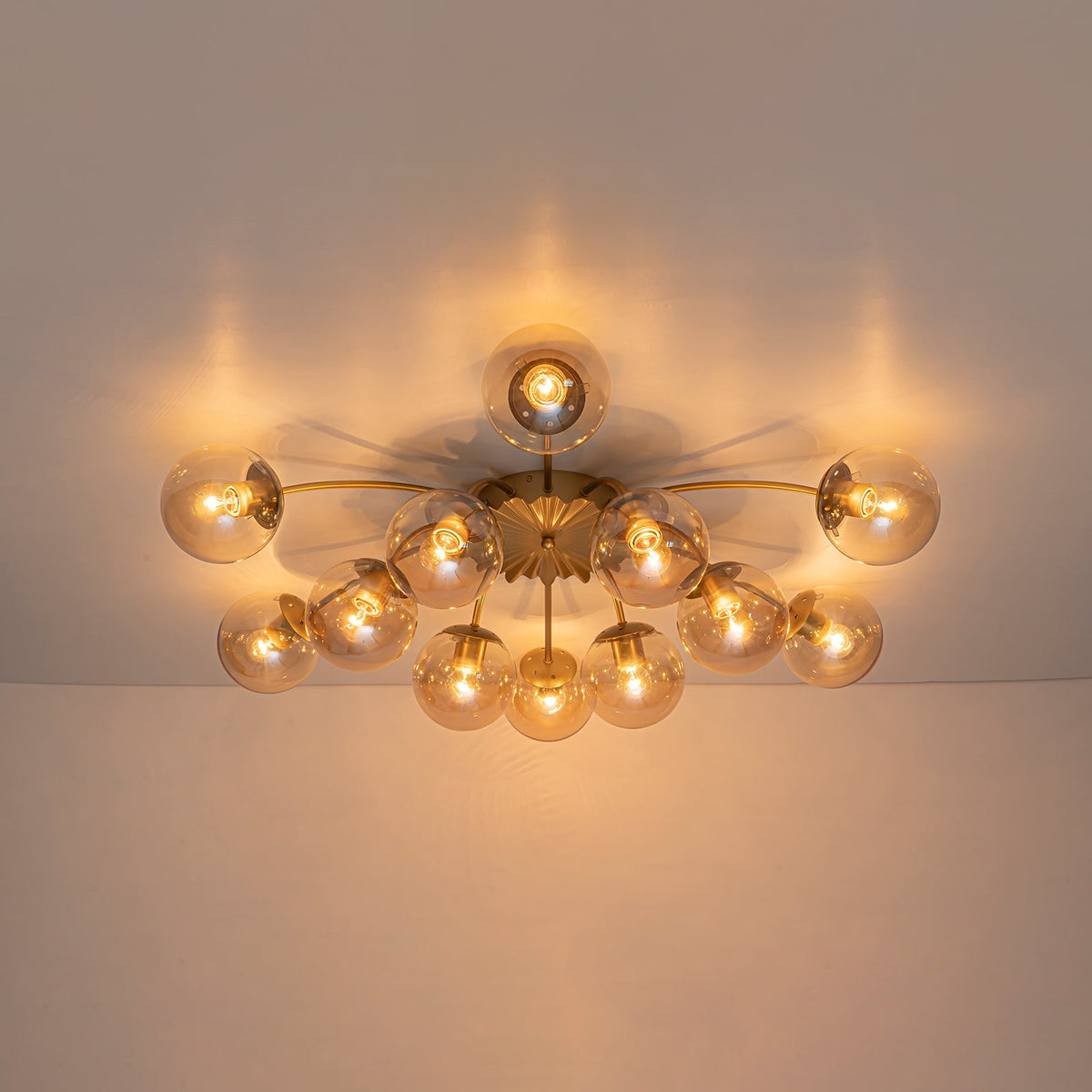 Retro Bloom 12-Light Amber Glass Bubble Semi Flush Chandelier