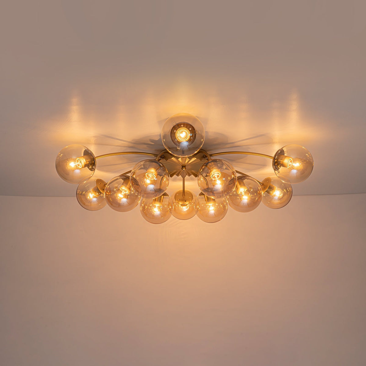 Retro Bloom 12-Light Amber Glass Bubble Semi Flush Chandelier