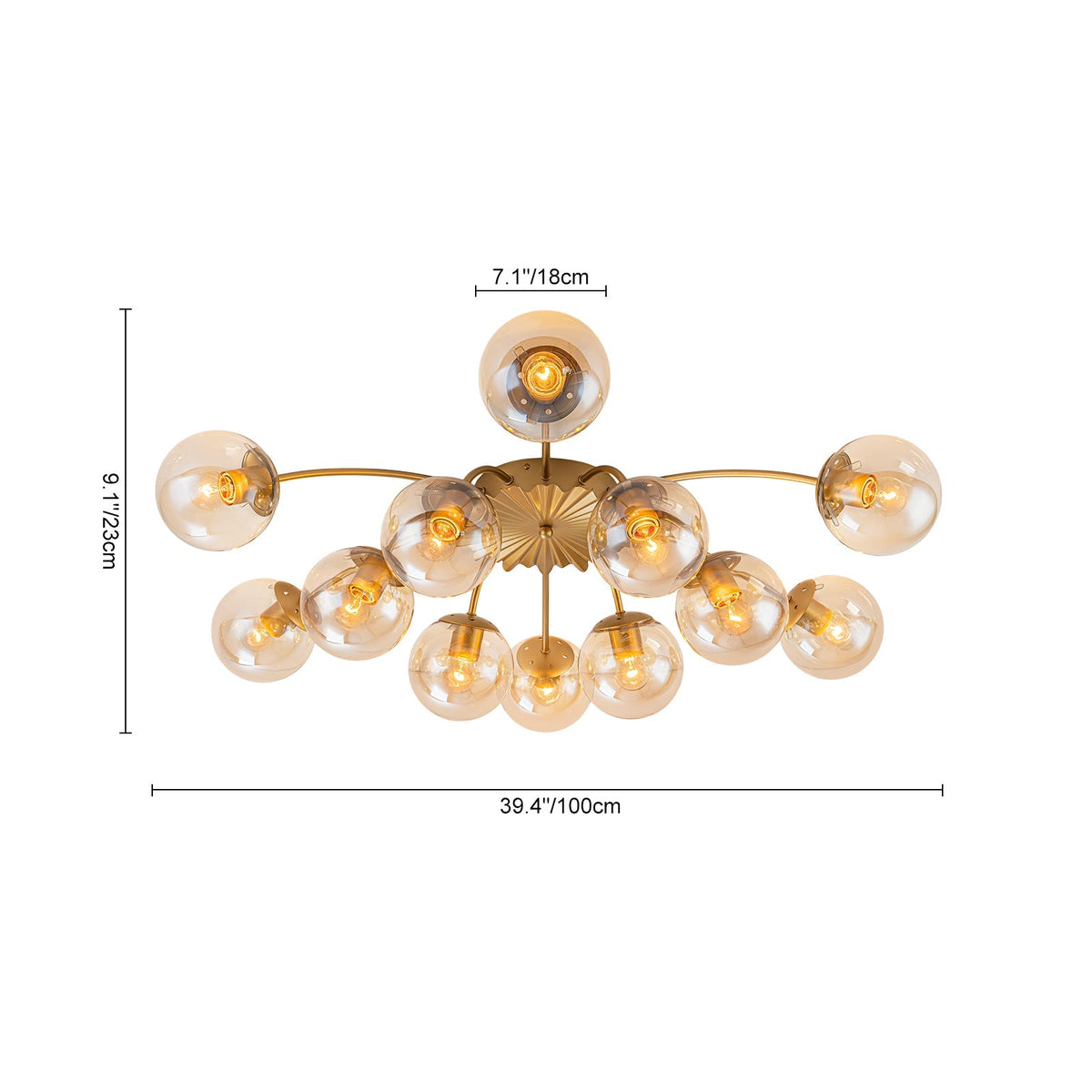Retro Bloom 12-Light Amber Glass Bubble Semi Flush Chandelier