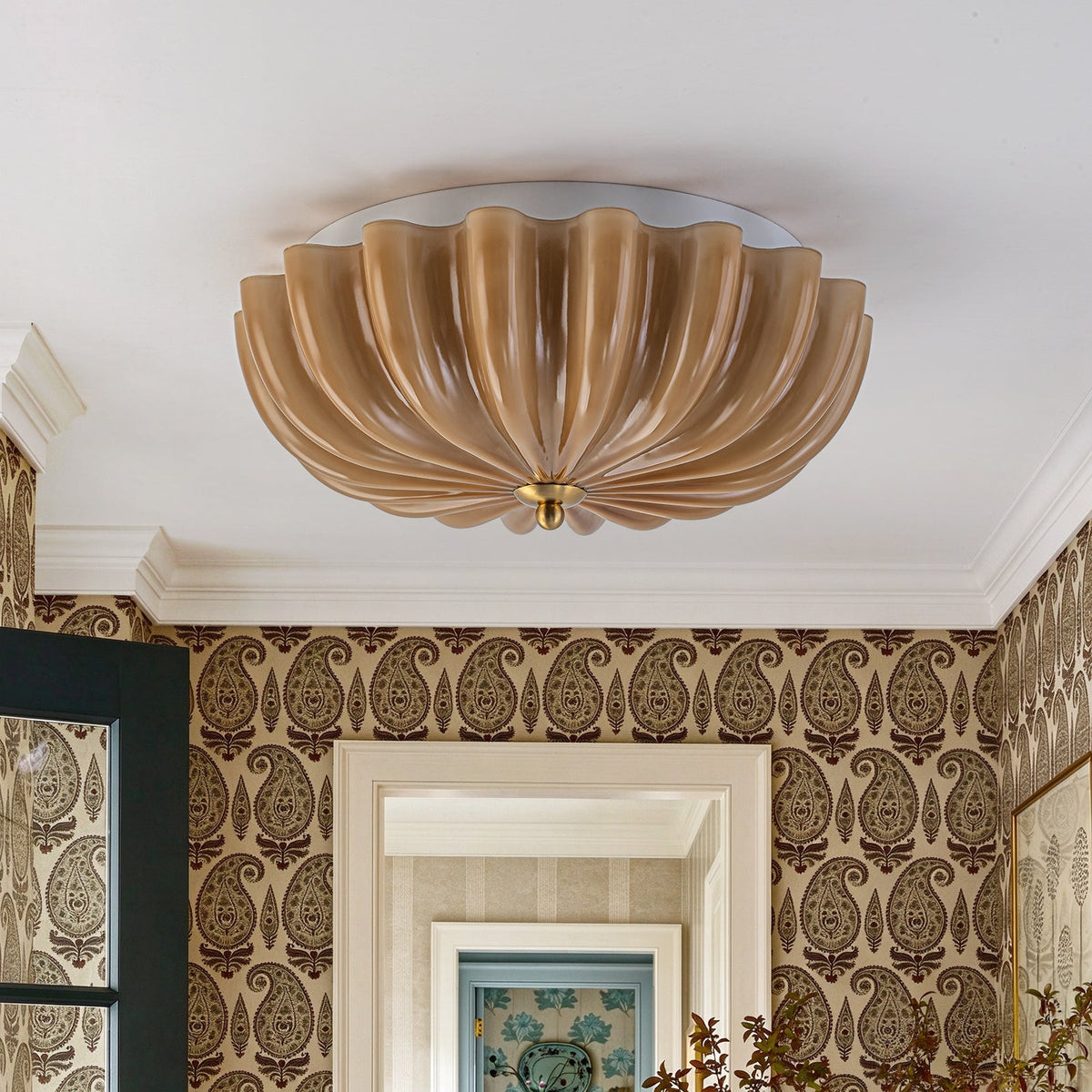 Retro Mocha Brown Glass Pleated Flower Ceiling Light