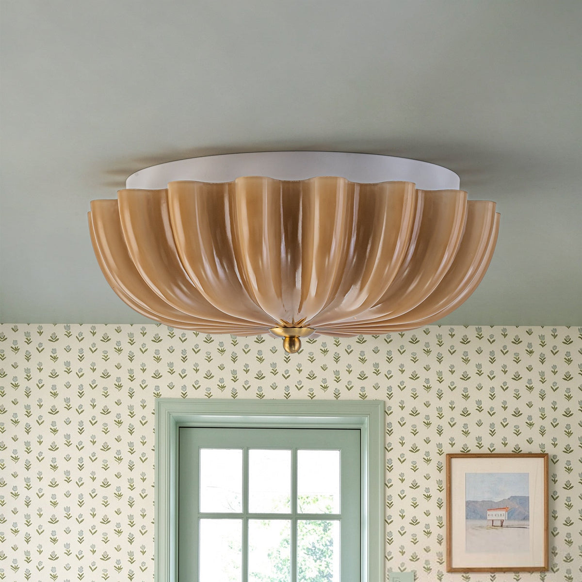 Retro Mocha Brown Glass Pleated Flower Ceiling Light