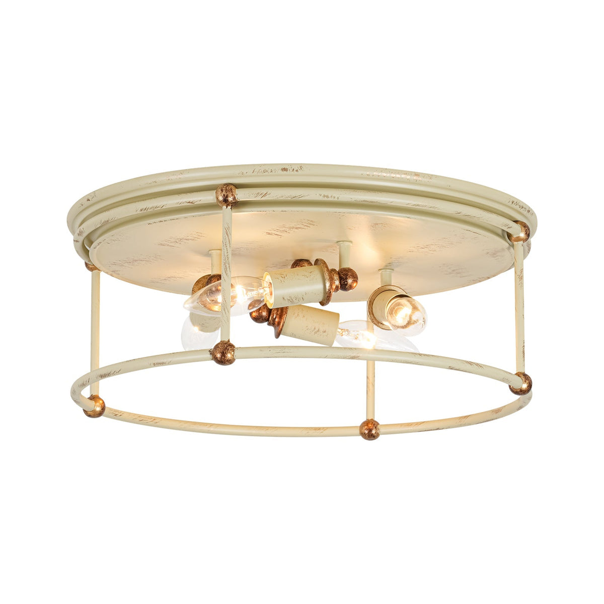 Shabby Chic Distressed Beige Metal Drum Lantern Flush Mount