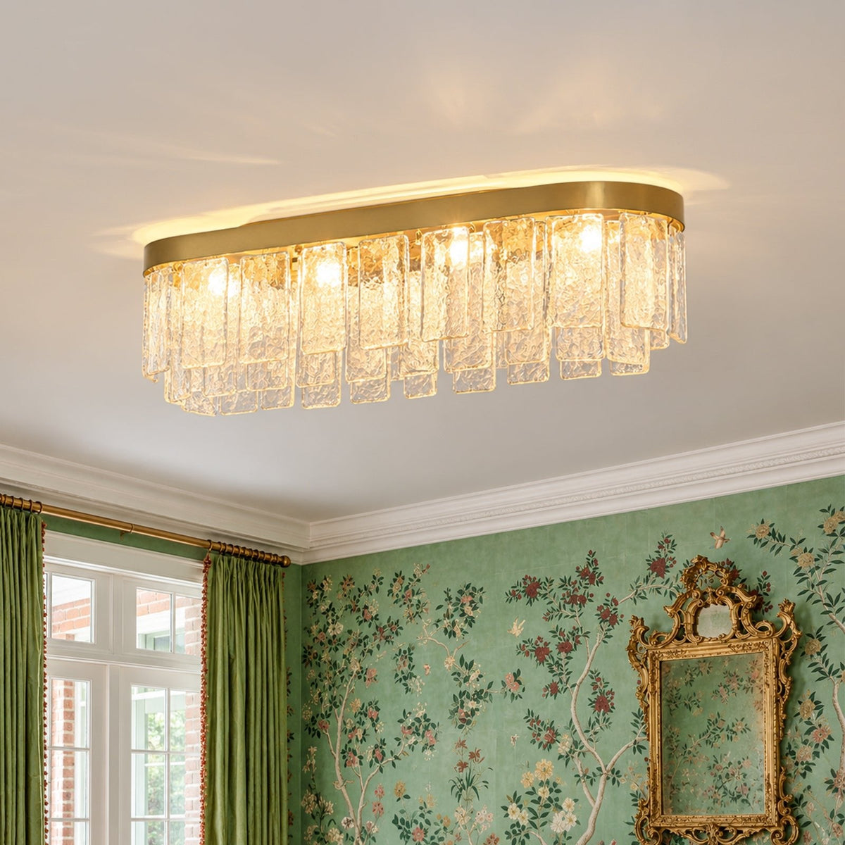 Tiered Hammered Water Glass Linear Flush Mount Ceiling Light