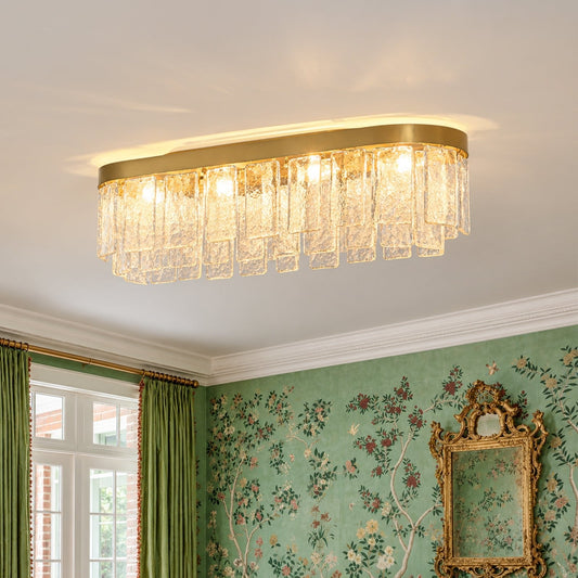 Tiered Hammered Water Glass Linear Flush Mount Ceiling Light