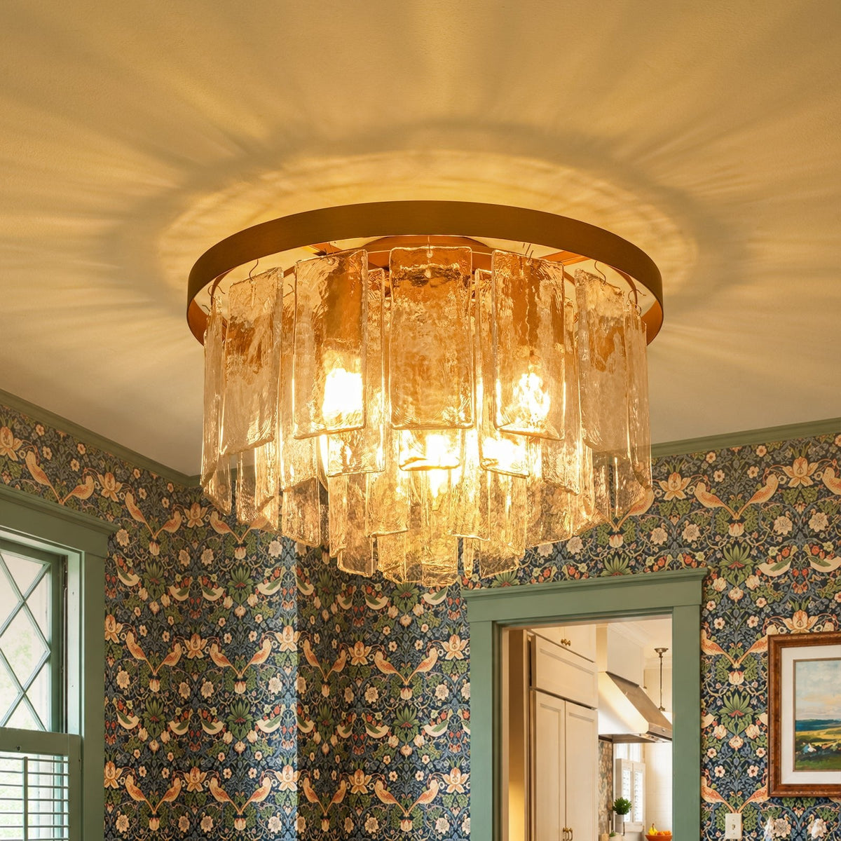 Tiered Hammered Water Glass Round Flush Mount Ceiling Light