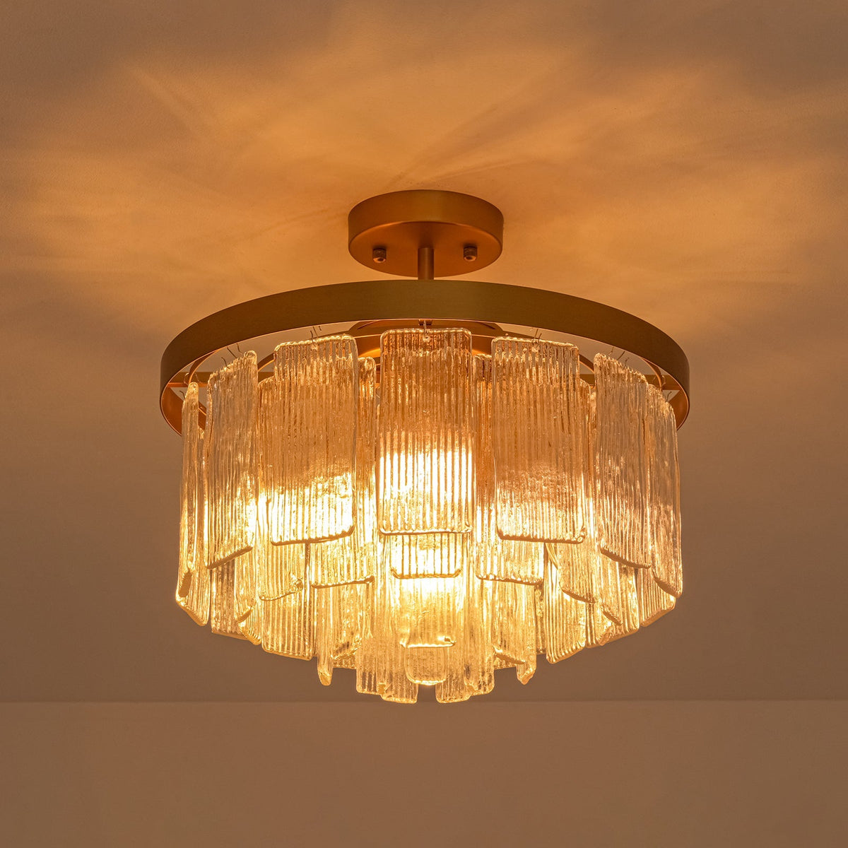 Tiered Water Ribbed Glass Round Semi Flush Chandelier