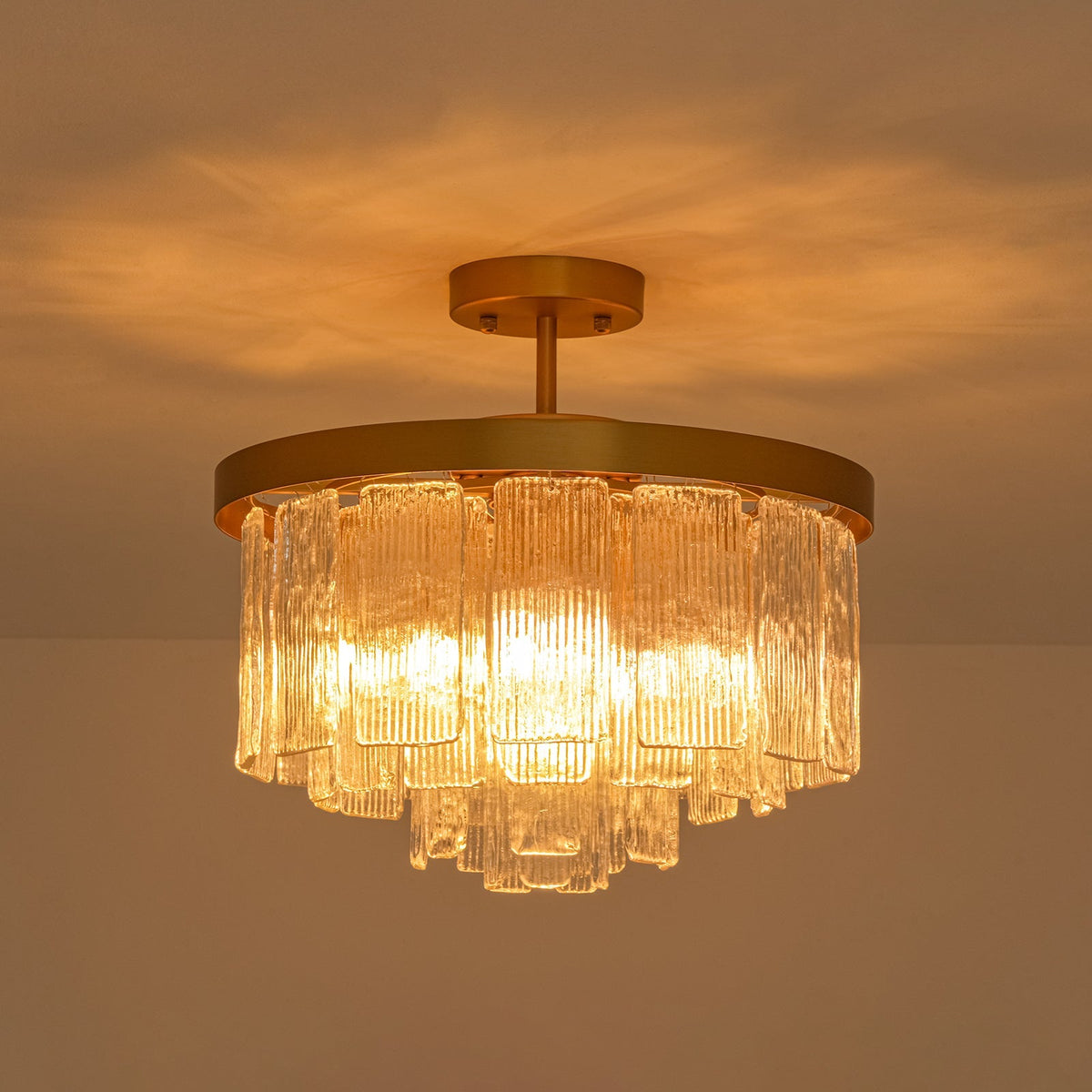 Tiered Water Ribbed Glass Round Semi Flush Chandelier