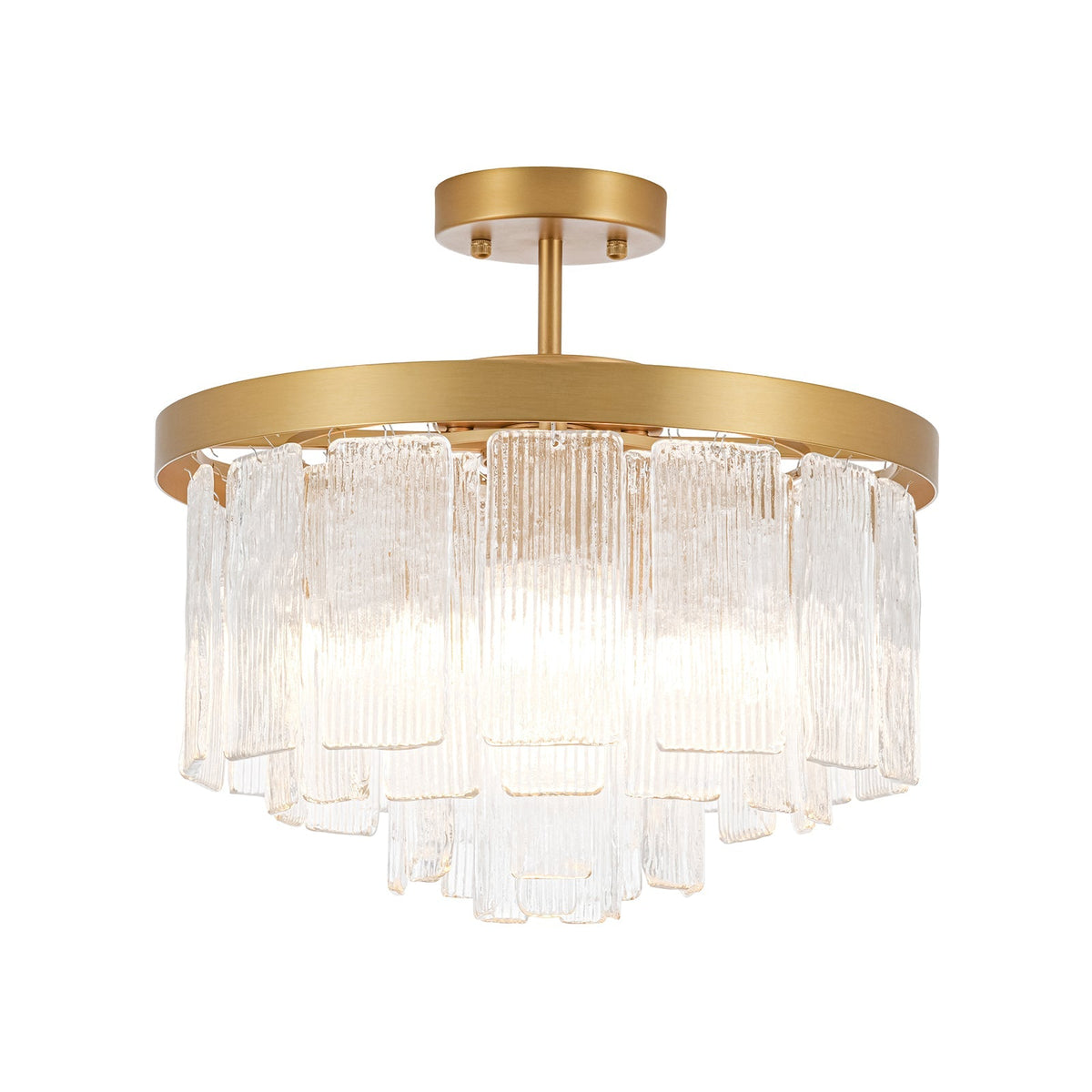 Tiered Water Ribbed Glass Round Semi Flush Chandelier