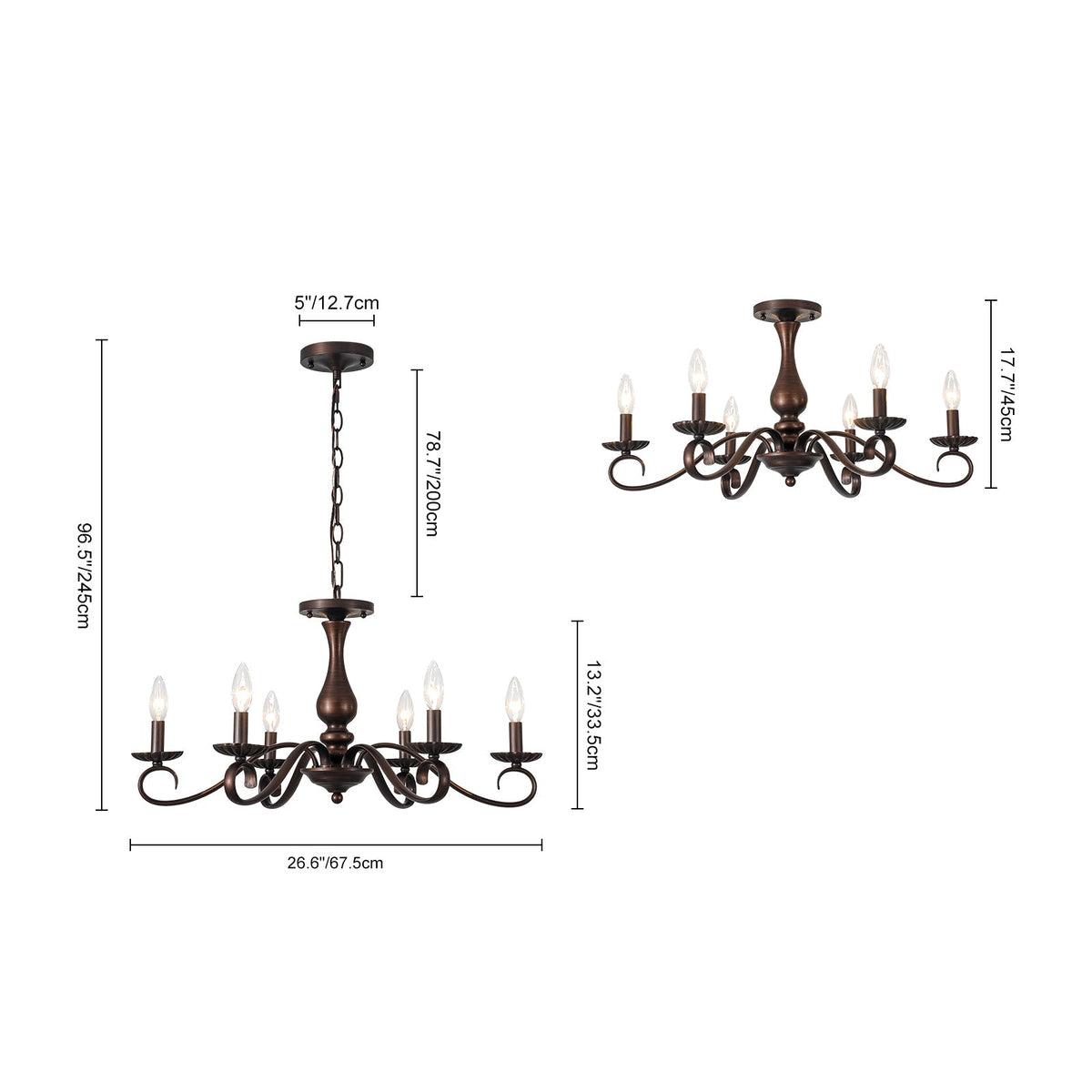 Vintage Heritage Bronze 6-Light Metal Candle Semi Flush Chandelier
